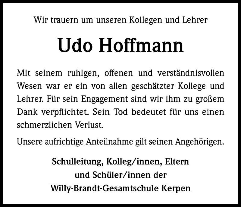  Traueranzeige für Udo Hoffmann vom 12.04.2013 aus Kölner Stadt-Anzeiger / Kölnische Rundschau / Express