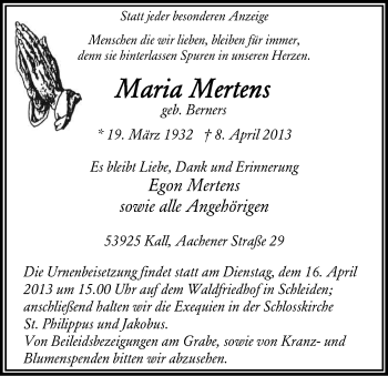 Anzeige von Maria Mertens von Kölner Stadt-Anzeiger / Kölnische Rundschau / Express