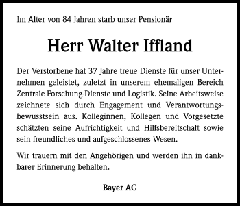 Anzeige von Walter Iffland von Kölner Stadt-Anzeiger / Kölnische Rundschau / Express