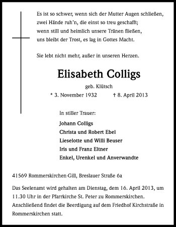 Anzeige von Elisabeth Colligs von Kölner Stadt-Anzeiger / Kölnische Rundschau / Express