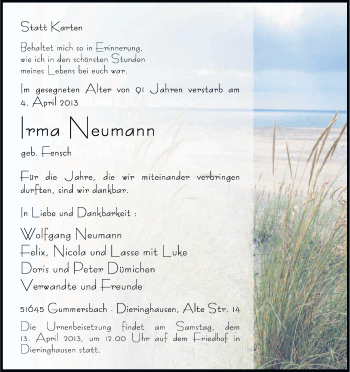 Anzeige von Irma Neumann von Kölner Stadt-Anzeiger / Kölnische Rundschau / Express