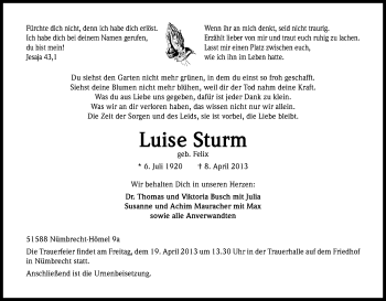 Anzeige von Luise Sturm von Kölner Stadt-Anzeiger / Kölnische Rundschau / Express