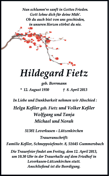 Anzeige von Hildegard Fietz von Kölner Stadt-Anzeiger / Kölnische Rundschau / Express
