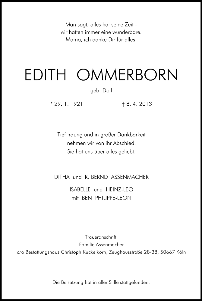  Traueranzeige für Edith Ommerborn vom 16.04.2013 aus Kölner Stadt-Anzeiger / Kölnische Rundschau / Express