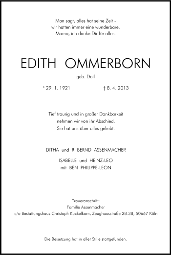 Anzeige von Edith Ommerborn von Kölner Stadt-Anzeiger / Kölnische Rundschau / Express
