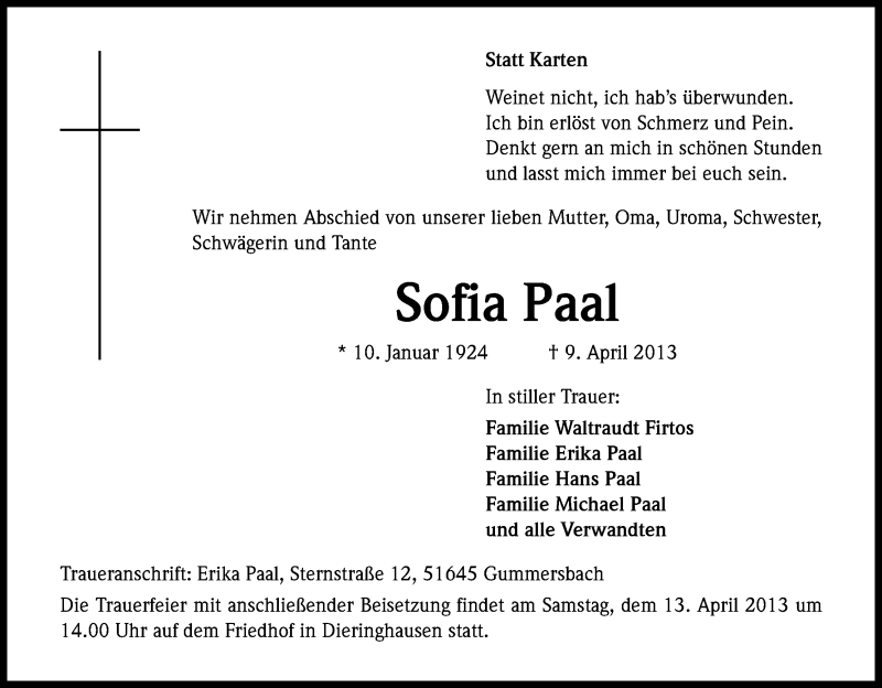  Traueranzeige für Sofia Paal vom 11.04.2013 aus Kölner Stadt-Anzeiger / Kölnische Rundschau / Express