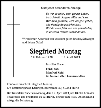 Anzeige von Siegfried Montag von Kölner Stadt-Anzeiger / Kölnische Rundschau / Express