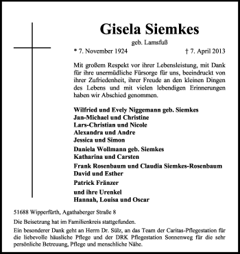 Anzeige von Gisela Siemkes von Kölner Stadt-Anzeiger / Kölnische Rundschau / Express