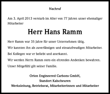 Anzeige von Hans Ramm von Kölner Stadt-Anzeiger / Kölnische Rundschau / Express
