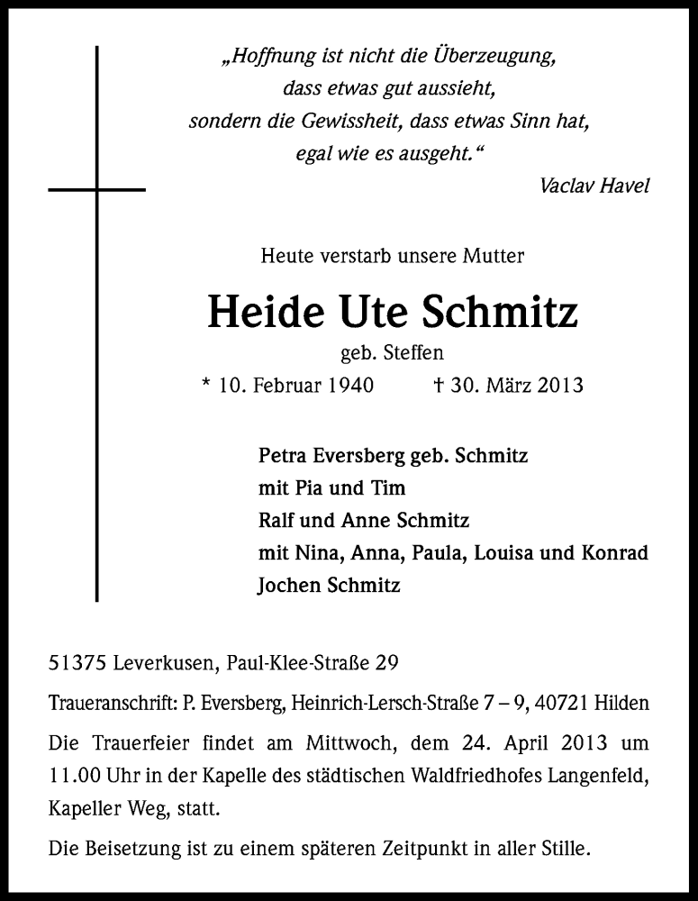  Traueranzeige für Heide Ute Schmitz vom 13.04.2013 aus Kölner Stadt-Anzeiger / Kölnische Rundschau / Express
