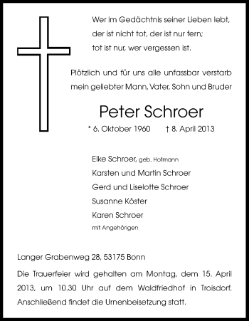 Anzeige von Peter Schroer von Kölner Stadt-Anzeiger / Kölnische Rundschau / Express