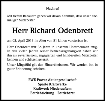 Anzeige von Richard Odenbrett von Kölner Stadt-Anzeiger / Kölnische Rundschau / Express