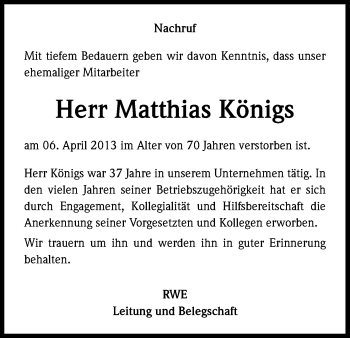 Anzeige von Matthias Königs von Kölner Stadt-Anzeiger / Kölnische Rundschau / Express