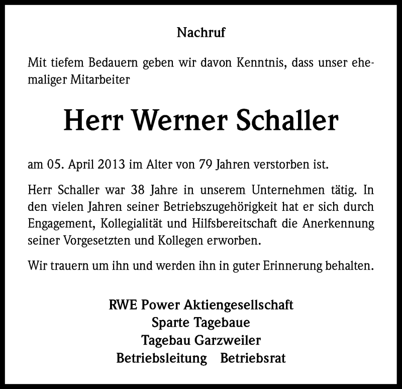  Traueranzeige für Werner Schaller vom 15.04.2013 aus Kölner Stadt-Anzeiger / Kölnische Rundschau / Express