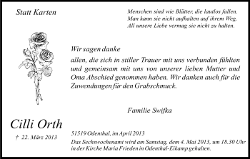 Anzeige von Cilli Orth von Kölner Stadt-Anzeiger / Kölnische Rundschau / Express