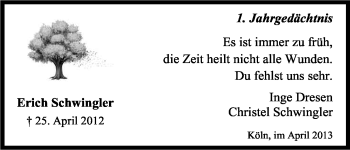 Anzeige von Erich Schwingler von Kölner Stadt-Anzeiger / Kölnische Rundschau / Express