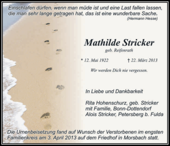 Anzeige von Mathilde Stricker von Kölner Stadt-Anzeiger / Kölnische Rundschau / Express