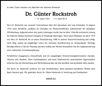 Anzeige von Günter Rockstroh von Kölner Stadt-Anzeiger / Kölnische Rundschau / Express
