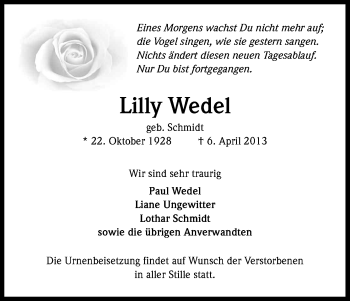 Anzeige von Lilly Wedel von Kölner Stadt-Anzeiger / Kölnische Rundschau / Express