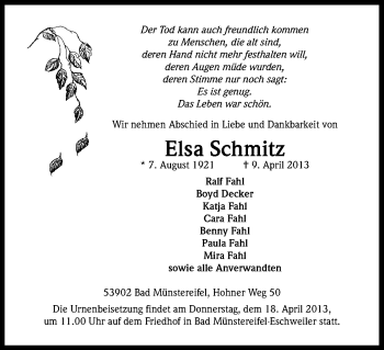 Anzeige von Elsa Schmitz von Kölner Stadt-Anzeiger / Kölnische Rundschau / Express