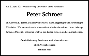 Anzeige von Peter Schroer von Kölner Stadt-Anzeiger / Kölnische Rundschau / Express