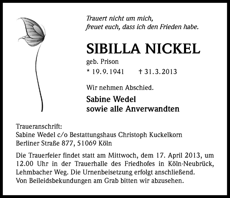  Traueranzeige für Sibilla Nickel vom 13.04.2013 aus Kölner Stadt-Anzeiger / Kölnische Rundschau / Express