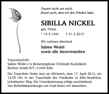 Anzeige von Sibilla Nickel von Kölner Stadt-Anzeiger / Kölnische Rundschau / Express