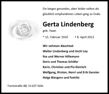 Anzeige von Gerta Lindenberg von Kölner Stadt-Anzeiger / Kölnische Rundschau / Express