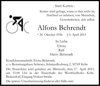 Anzeige von Alfons Behrendt von Kölner Stadt-Anzeiger / Kölnische Rundschau / Express
