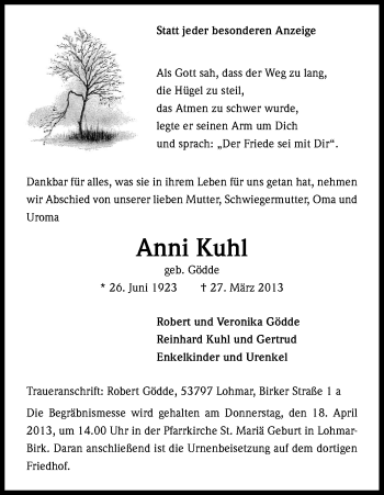Anzeige von Anni Kuhl von Kölner Stadt-Anzeiger / Kölnische Rundschau / Express