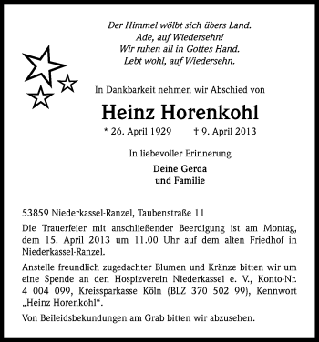 Anzeige von Heinz Horenkohl von Kölner Stadt-Anzeiger / Kölnische Rundschau / Express