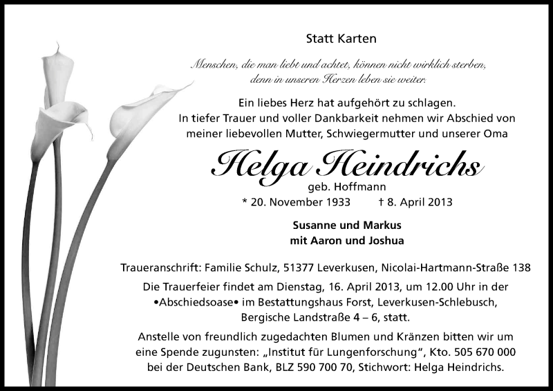  Traueranzeige für Helga Heindrichs vom 13.04.2013 aus Kölner Stadt-Anzeiger / Kölnische Rundschau / Express