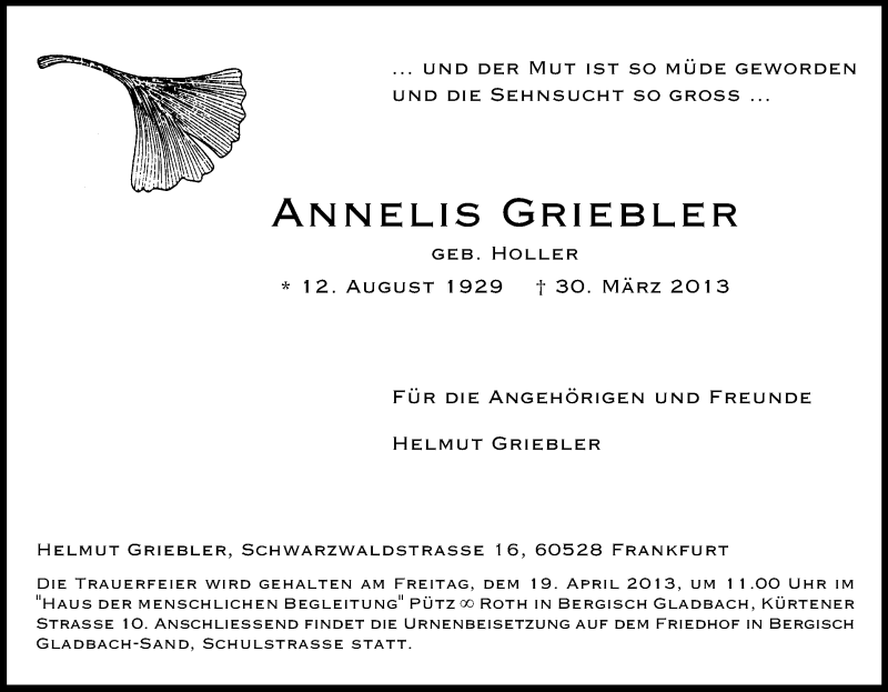  Traueranzeige für Annelies Griebler vom 13.04.2013 aus Kölner Stadt-Anzeiger / Kölnische Rundschau / Express