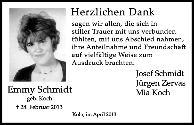  Traueranzeige für Emmy Schmidt vom 13.04.2013 aus Kölner Stadt-Anzeiger / Kölnische Rundschau / Express