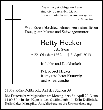 Anzeige von Betty Hecker von Kölner Stadt-Anzeiger / Kölnische Rundschau / Express