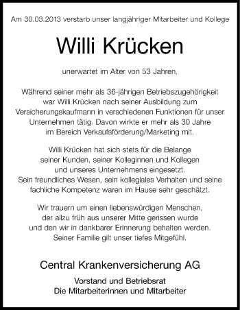 Anzeige von Willi Krücken von Kölner Stadt-Anzeiger / Kölnische Rundschau / Express