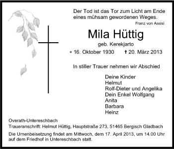 Anzeige von Mila Hüttig von Kölner Stadt-Anzeiger / Kölnische Rundschau / Express