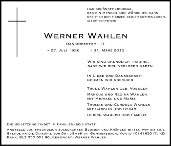Anzeige von Werner Wahlen von Kölner Stadt-Anzeiger / Kölnische Rundschau / Express