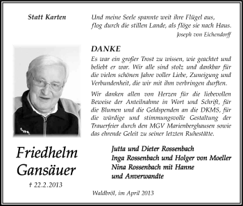 Anzeige von Friedhelm Gansäuer von Kölner Stadt-Anzeiger / Kölnische Rundschau / Express