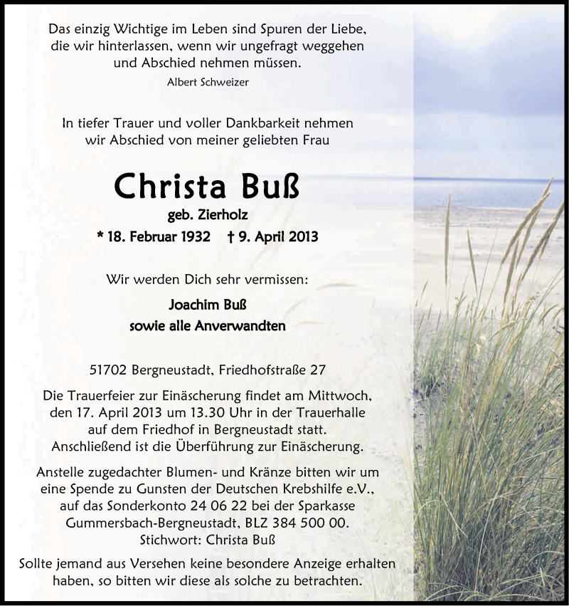 Traueranzeige für Christa Buß vom 13.04.2013 aus Kölner Stadt-Anzeiger / Kölnische Rundschau / Express
