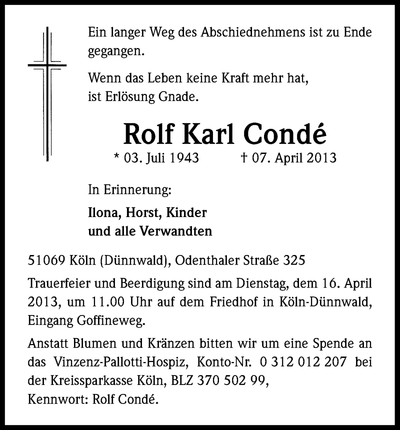  Traueranzeige für Rolf Karl Conde vom 13.04.2013 aus Kölner Stadt-Anzeiger / Kölnische Rundschau / Express