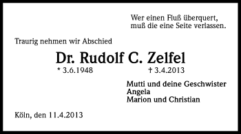 Anzeige von Rudolf Zelfel von Kölner Stadt-Anzeiger / Kölnische Rundschau / Express