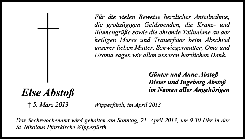  Traueranzeige für Else Abstoß vom 13.04.2013 aus Kölner Stadt-Anzeiger / Kölnische Rundschau / Express