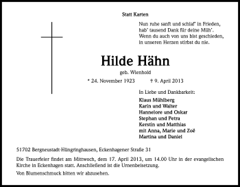 Anzeige von Hilde Hähn von Kölner Stadt-Anzeiger / Kölnische Rundschau / Express