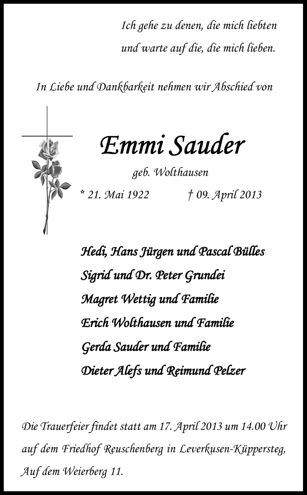  Traueranzeige für Emmi Sauder vom 13.04.2013 aus Kölner Stadt-Anzeiger / Kölnische Rundschau / Express