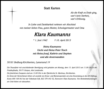 Anzeige von Klara Kaumanns von Kölner Stadt-Anzeiger / Kölnische Rundschau / Express