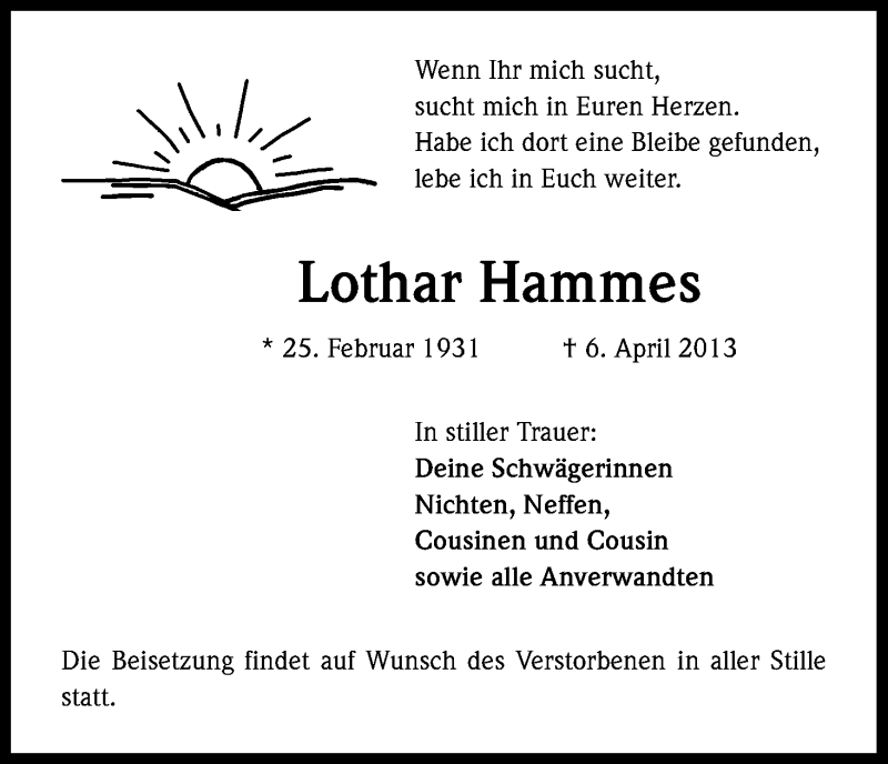 Traueranzeige für Lothar Hammes vom 13.04.2013 aus Kölner Stadt-Anzeiger / Kölnische Rundschau / Express