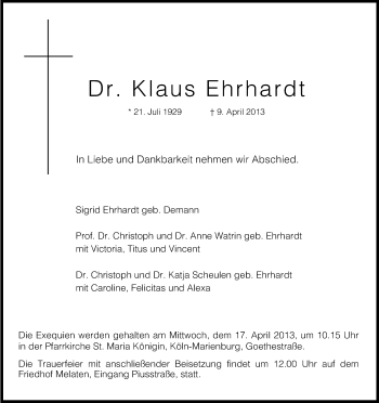 Anzeige von Klaus Erhardt von Kölner Stadt-Anzeiger / Kölnische Rundschau / Express