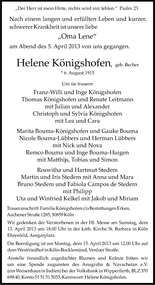  Traueranzeige für Helene Königshofen vom 13.04.2013 aus Kölner Stadt-Anzeiger / Kölnische Rundschau / Express