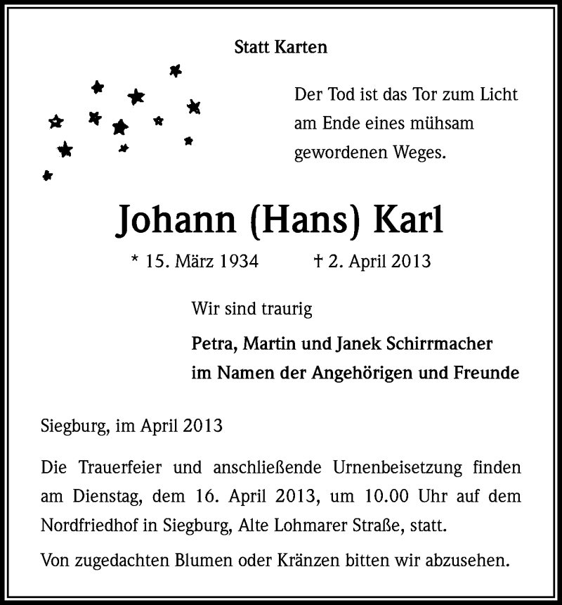  Traueranzeige für Johann Karl vom 12.04.2013 aus Kölner Stadt-Anzeiger / Kölnische Rundschau / Express